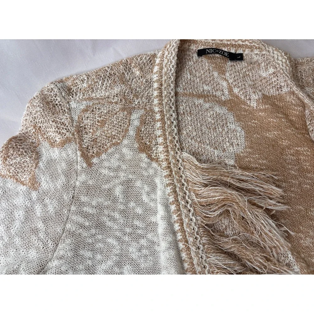 NIC+ZOE Tan Floral‎ Fringe Open Front Cardigan L Longline Southwestern Boho-Chic